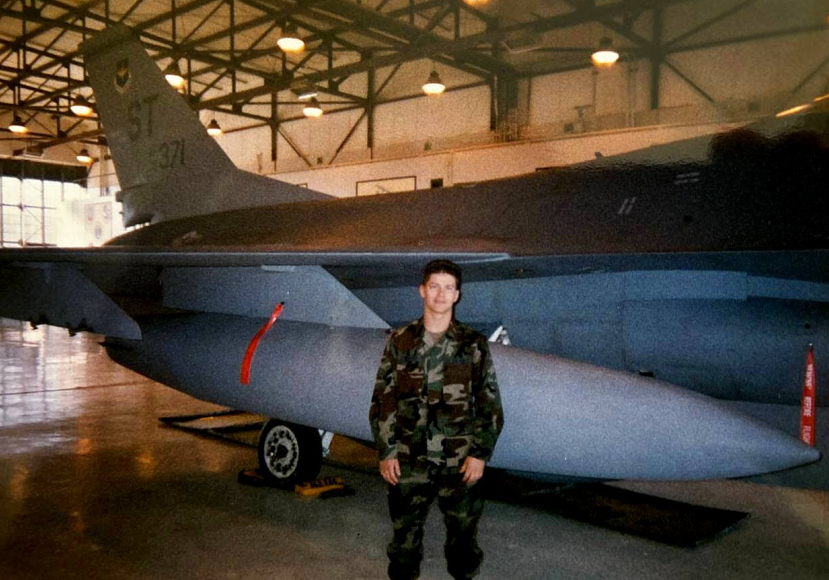 Hank with F-16 fighter jet during Air Force service